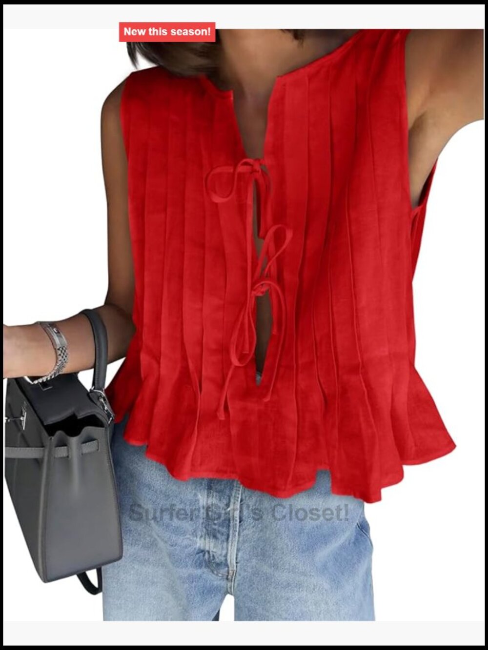 Womens Bow Front Tie Tank Top Pleated Ruffle Babydoll Sleeveless V-Neck Blouse